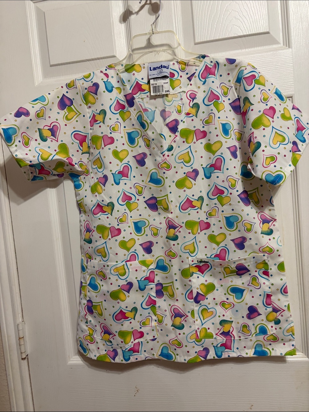 Landau White Scrub Top with Multicolor Heart Print